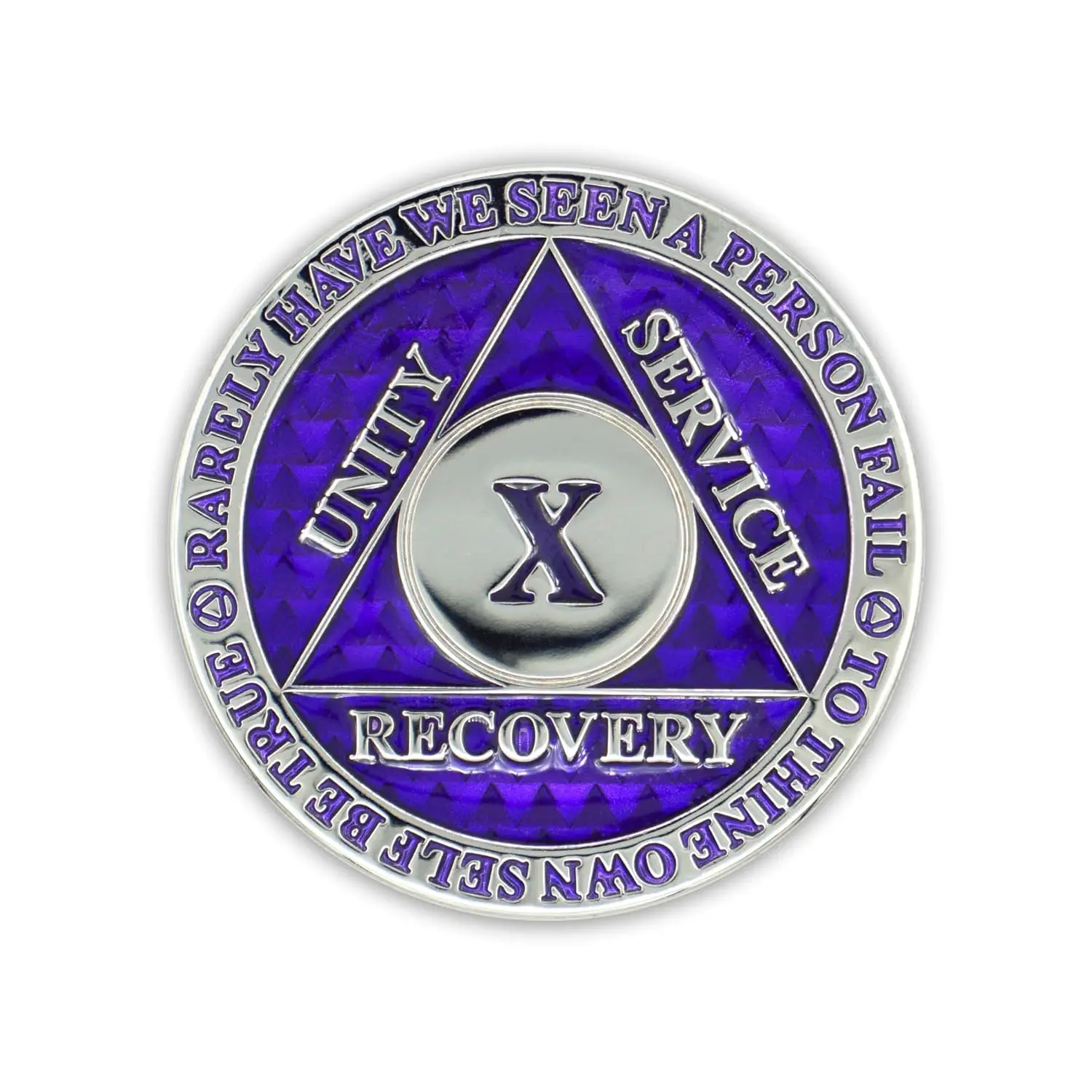 This purple and gold 10 year AA sobriety chip features the three legacies, Serenity Prayer, Chapter 5 of "How it Works," and "To Thine Own Self be True."