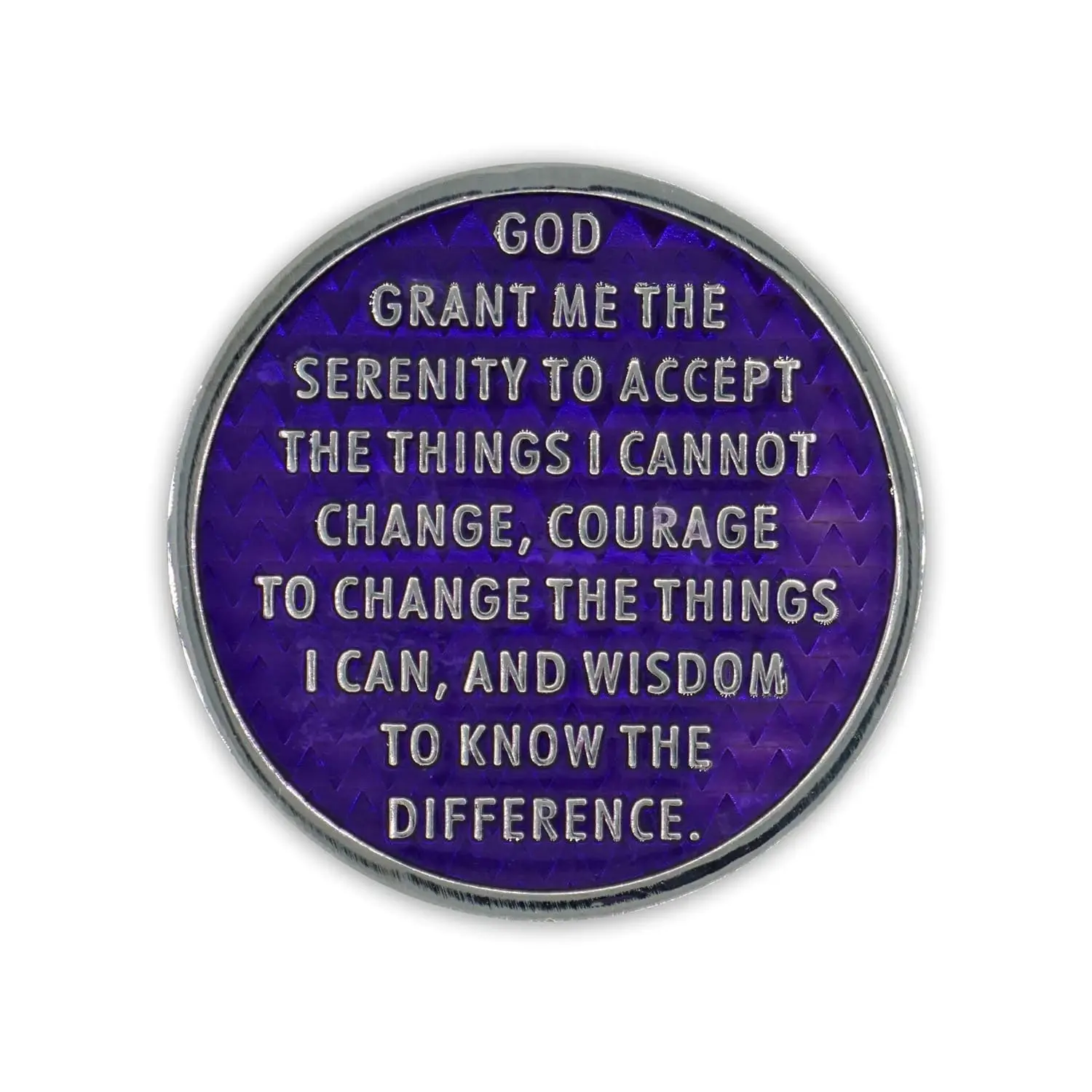This purple and gold 10 year AA sobriety chip features the three legacies, Serenity Prayer, Chapter 5 of "How it Works," and "To Thine Own Self be True."