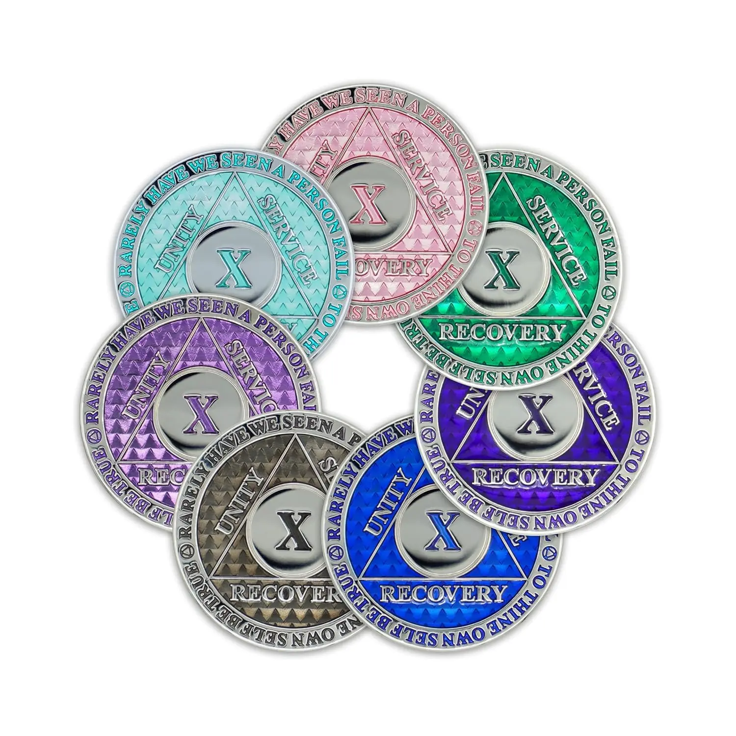 This purple and gold 10 year AA sobriety chip features the three legacies, Serenity Prayer, Chapter 5 of "How it Works," and "To Thine Own Self be True."