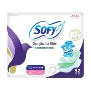 Sofy Gentle to Skin Large Maxi Thick Sanitary Pads with antibacterial protection, super absorbent gel, and a soft cotton touch for healthy and dry comfort.