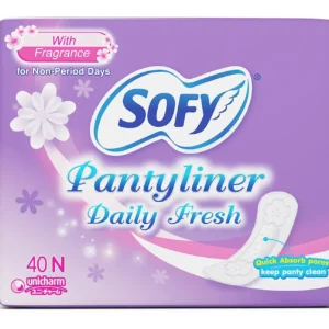 A pack of Sofy Daily Fresh panty liners with quick absorb pores for clean, comfortable, and discreet protection against discharge and menstrual spots, keeping your panty fresh all day.