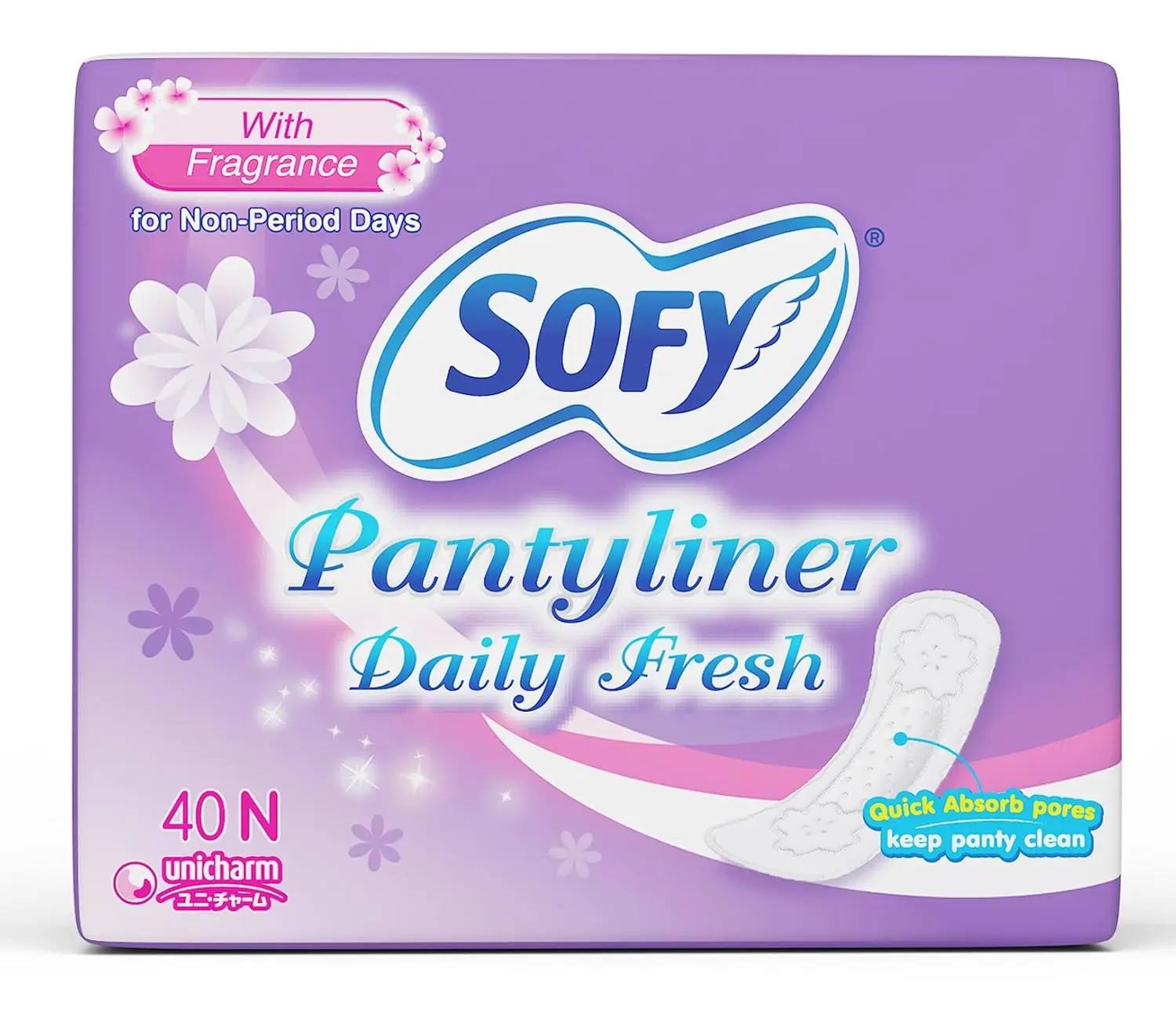 A pack of Sofy Daily Fresh panty liners with quick absorb pores for clean, comfortable, and discreet protection against discharge and menstrual spots, keeping your panty fresh all day.