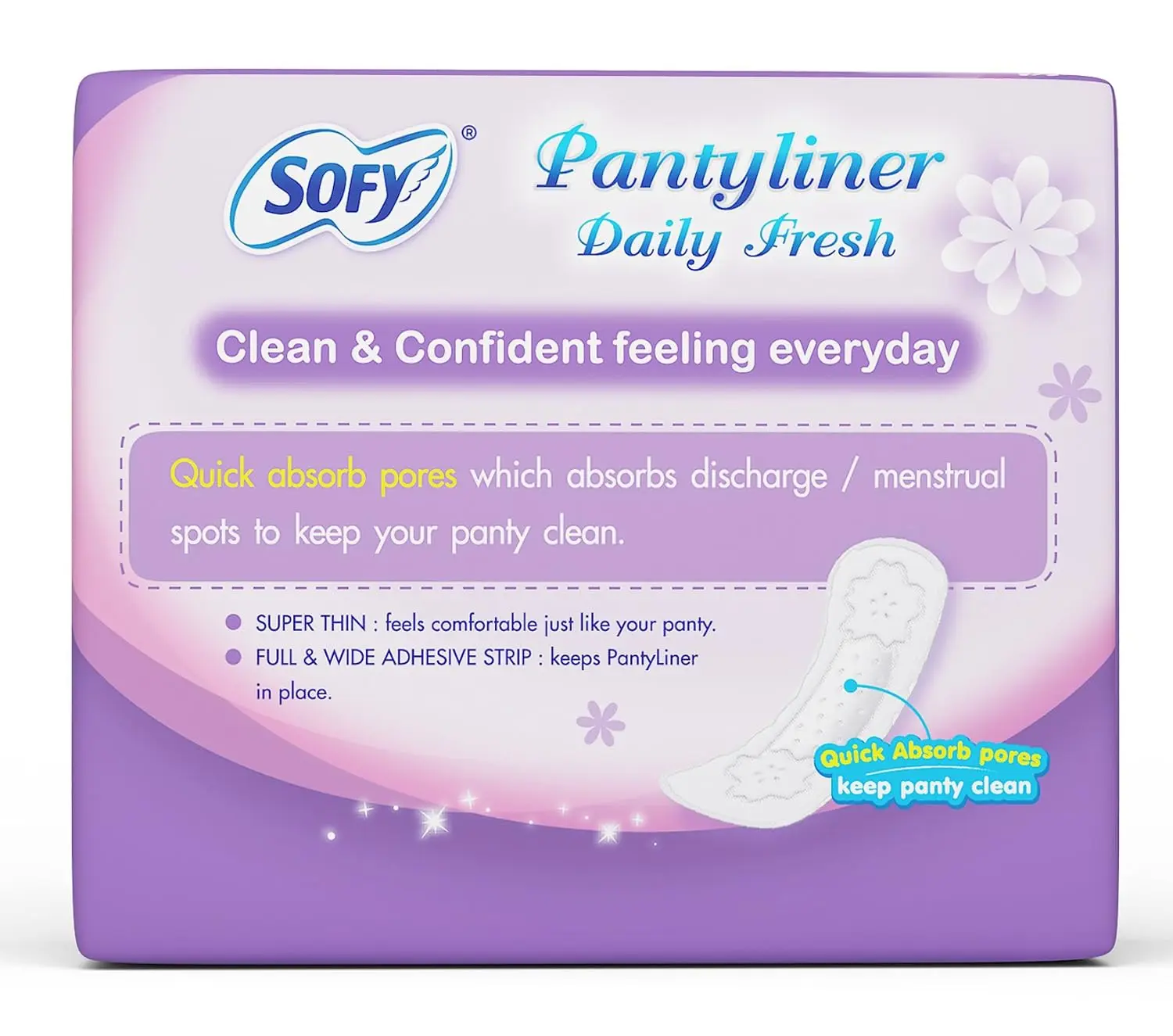 A pack of Sofy Daily Fresh panty liners with quick absorb pores for clean, comfortable, and discreet protection against discharge and menstrual spots, keeping your panty fresh all day.
