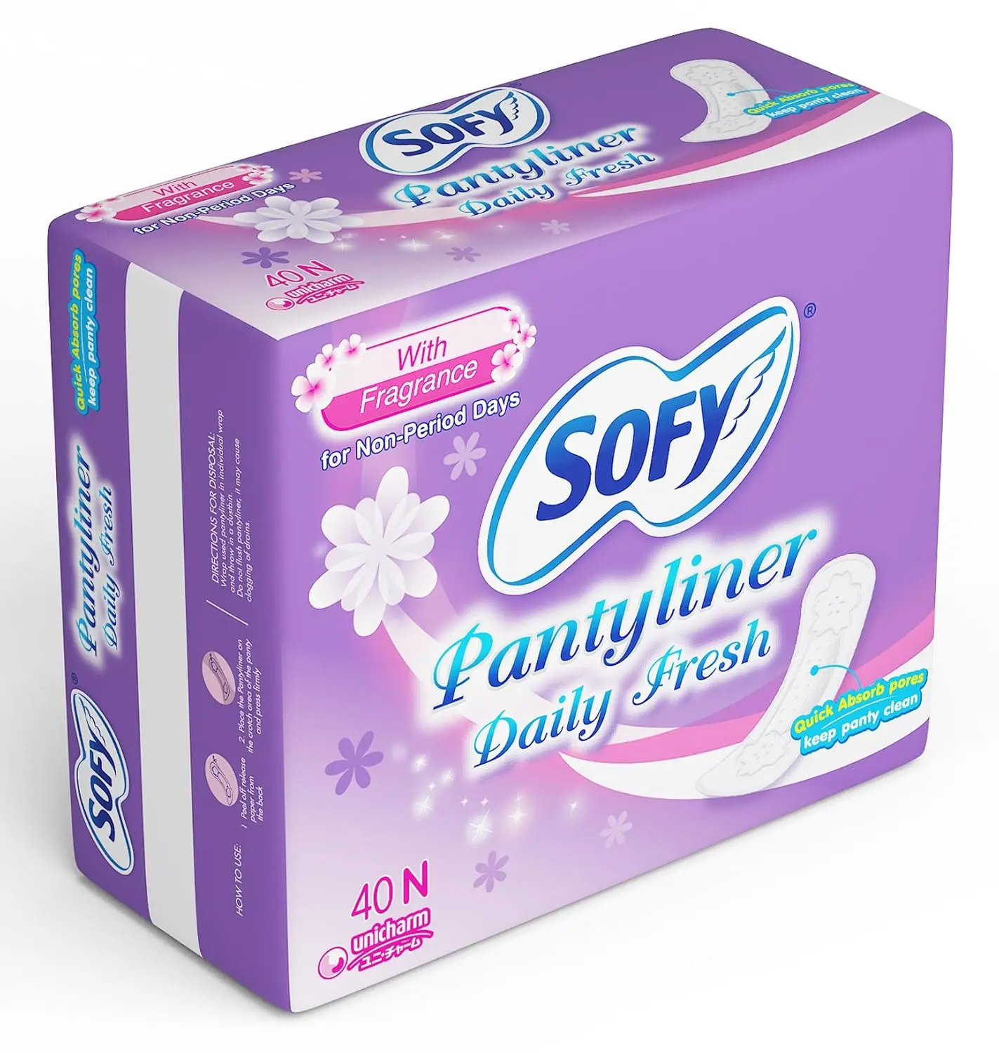 A pack of Sofy Daily Fresh panty liners with quick absorb pores for clean, comfortable, and discreet protection against discharge and menstrual spots, keeping your panty fresh all day.