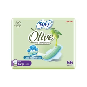 SOFY Olive Sanitary Pads with wings, large size, dermatologically tested and soft on skin, offering healthy skin protection.