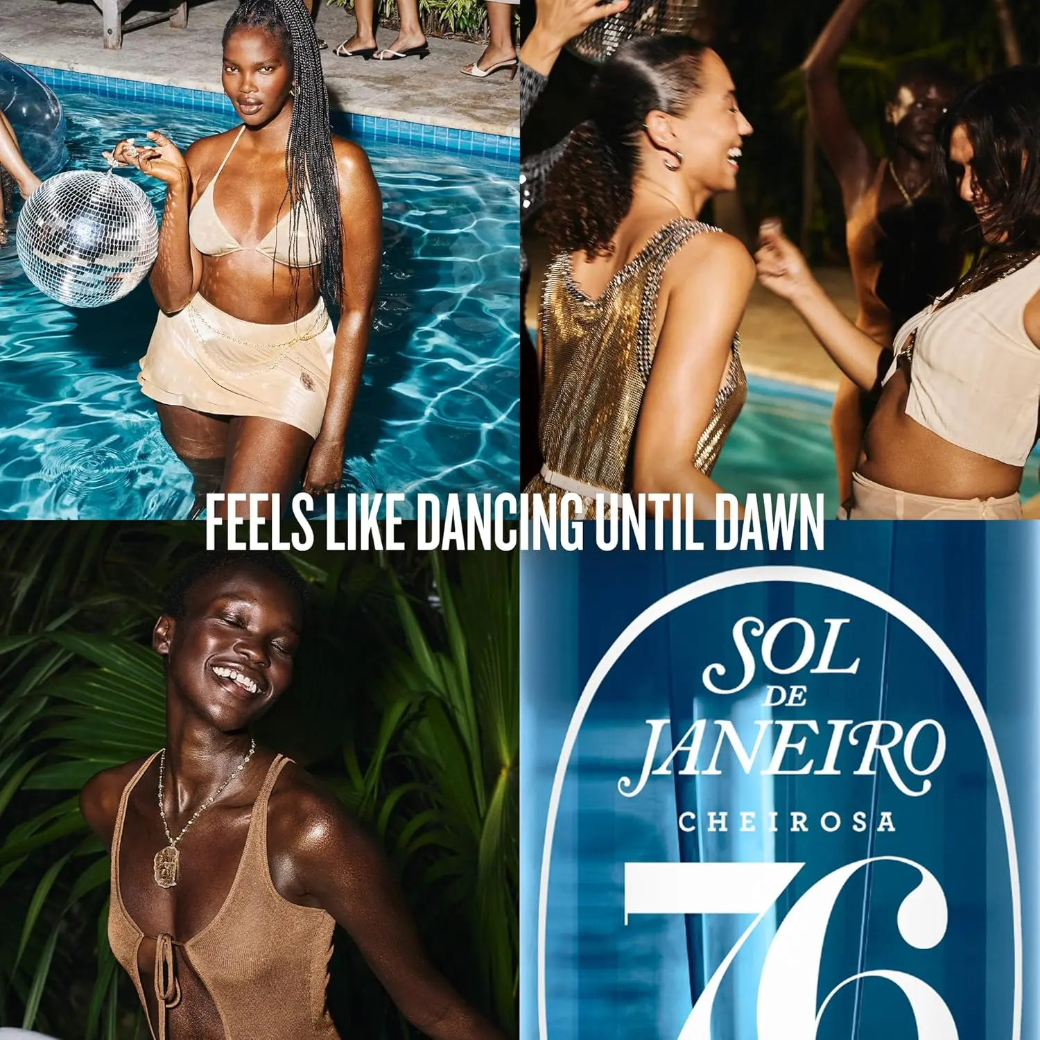 A bottle of SOL DE JANEIRO Cheirosa '76 fragrance mist with an amber floral scent of midnight jasmine, black currant, and amber woods.