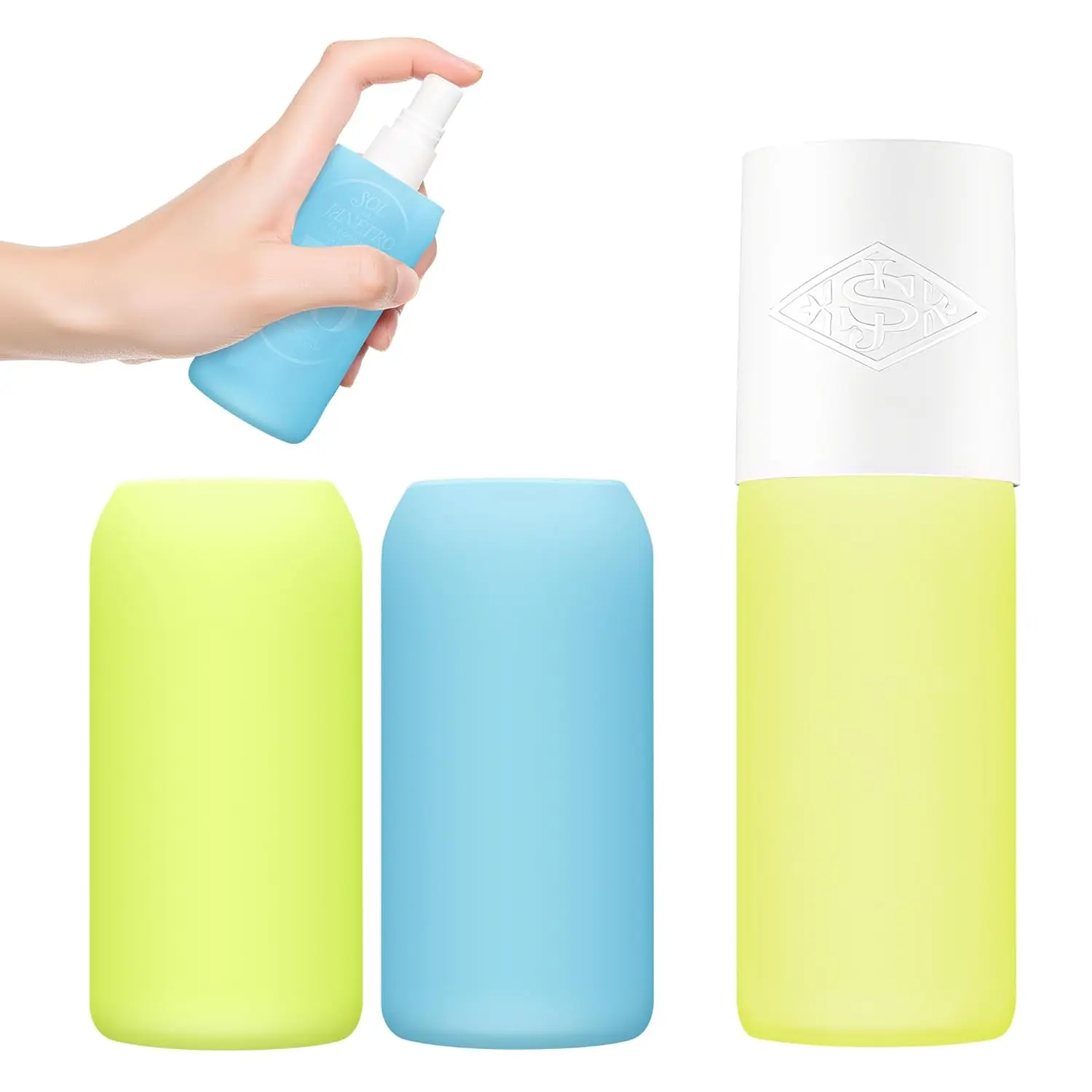 Yellow and blue silicone cover provides light-blocking and temperature control protection for a Sol de Janeiro hair and body perfume mist bottle during travel.