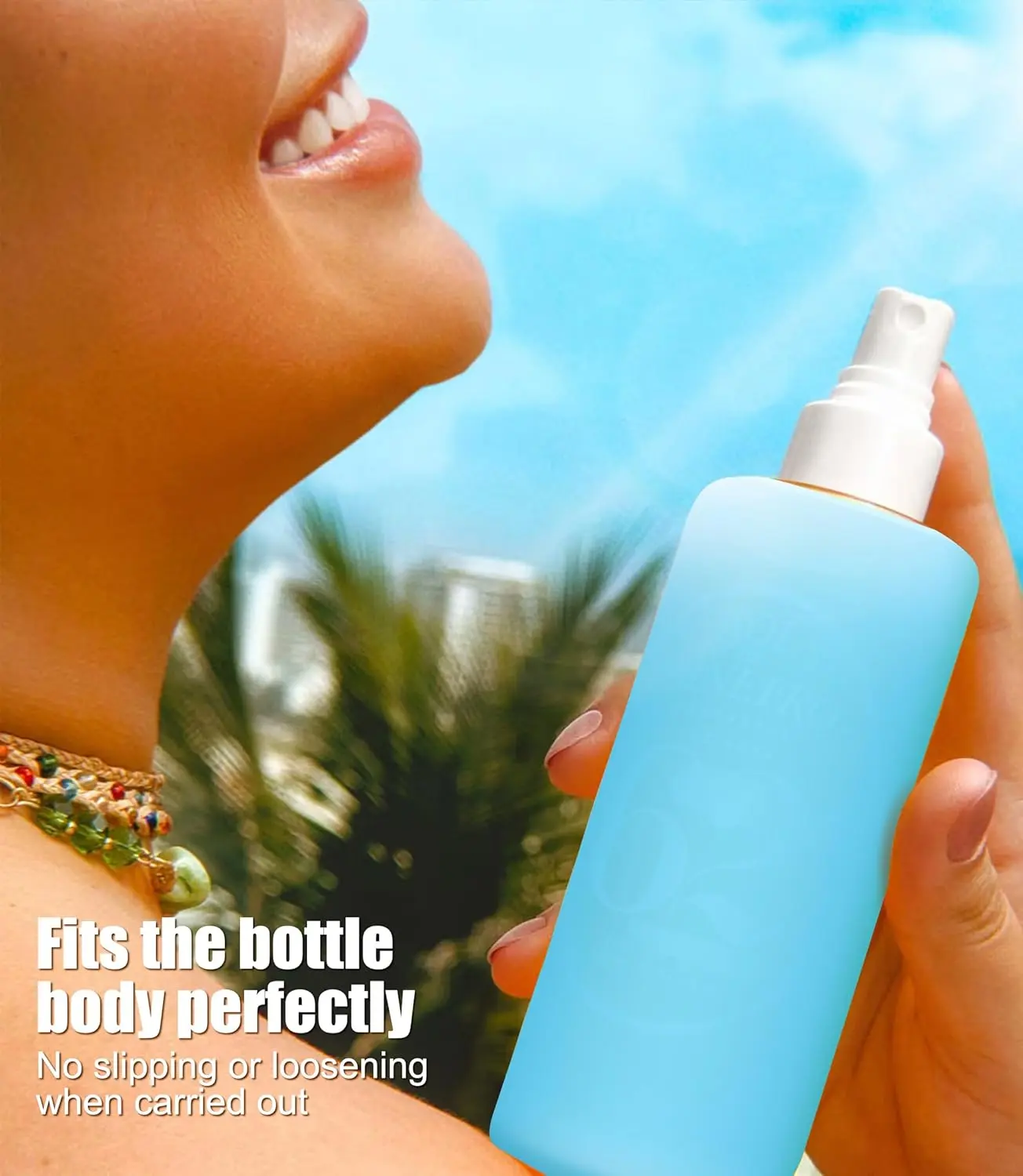 Yellow and blue silicone cover provides light-blocking and temperature control protection for a Sol de Janeiro hair and body perfume mist bottle during travel.