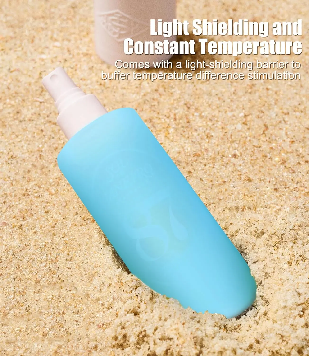 Yellow and blue silicone cover provides light-blocking and temperature control protection for a Sol de Janeiro hair and body perfume mist bottle during travel.