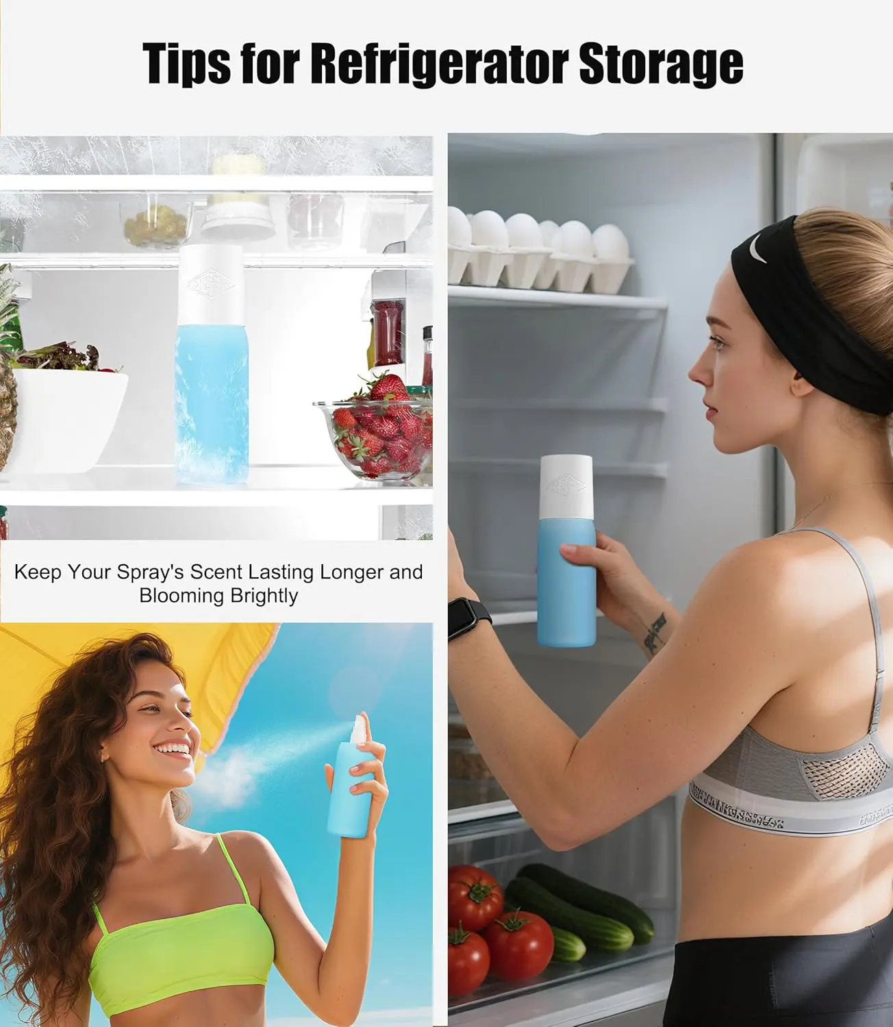 Yellow and blue silicone cover provides light-blocking and temperature control protection for a Sol de Janeiro hair and body perfume mist bottle during travel.