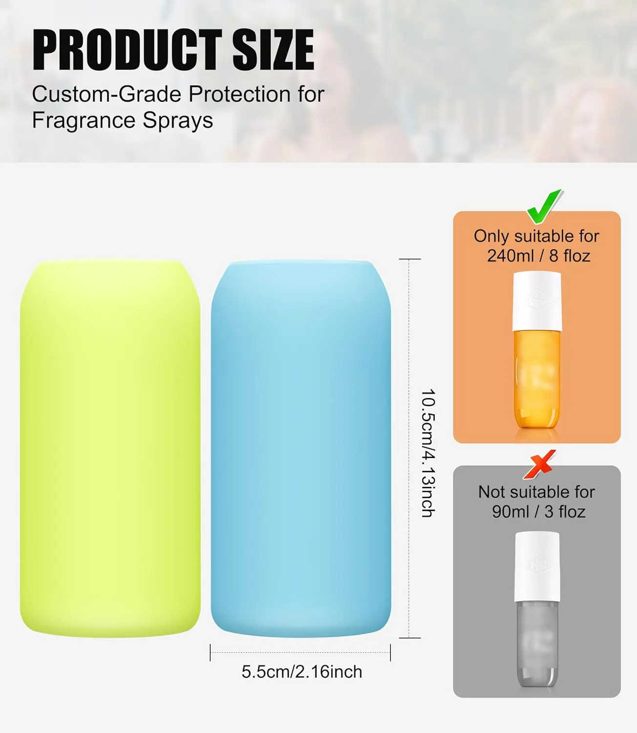 Yellow and blue silicone cover provides light-blocking and temperature control protection for a Sol de Janeiro hair and body perfume mist bottle during travel.