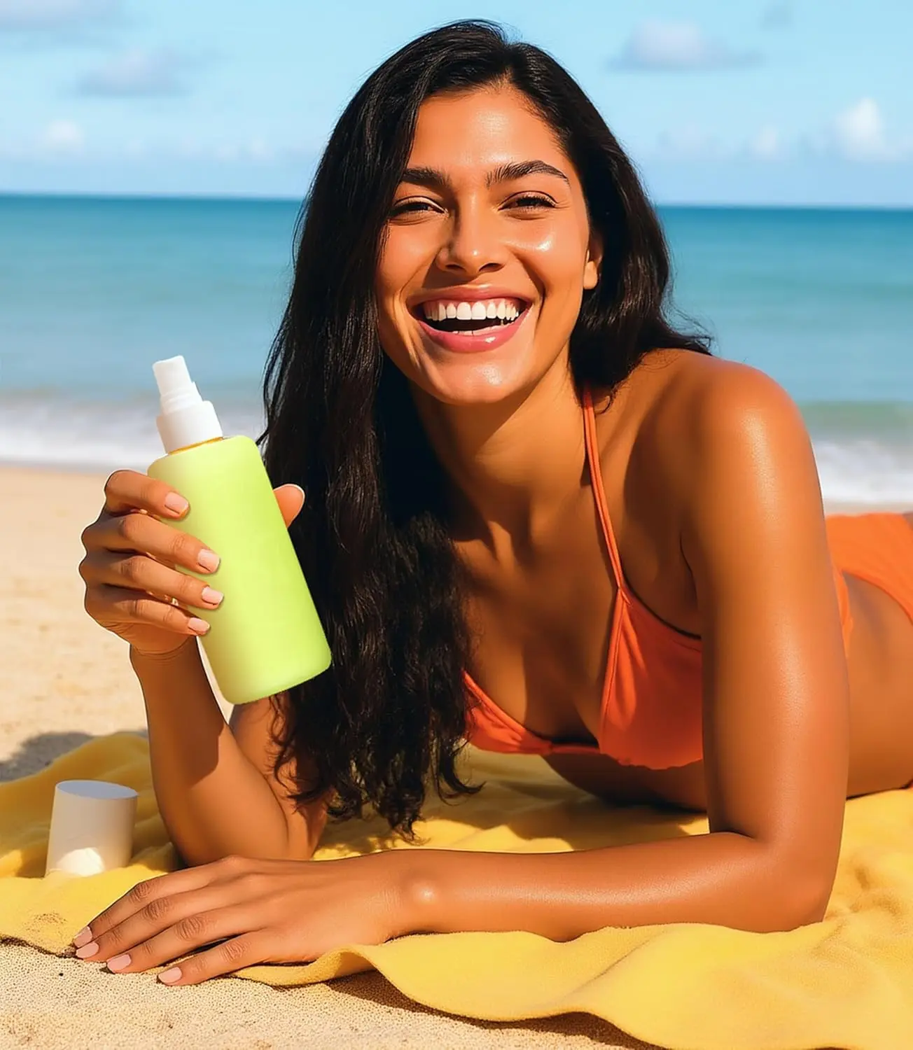 Yellow and blue silicone cover provides light-blocking and temperature control protection for a Sol de Janeiro hair and body perfume mist bottle during travel.