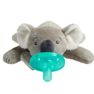 The AVENT Philips Soothie Snuggle features a detachable Soothie pacifier attached to a plush koala, making it easy for babies to find and hold onto their pacifier.
