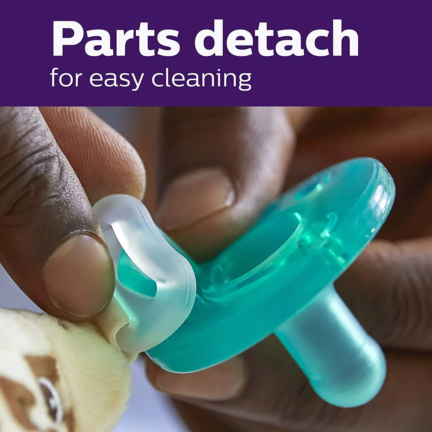 The AVENT Philips Soothie Snuggle features a detachable Soothie pacifier attached to a plush koala, making it easy for babies to find and hold onto their pacifier.