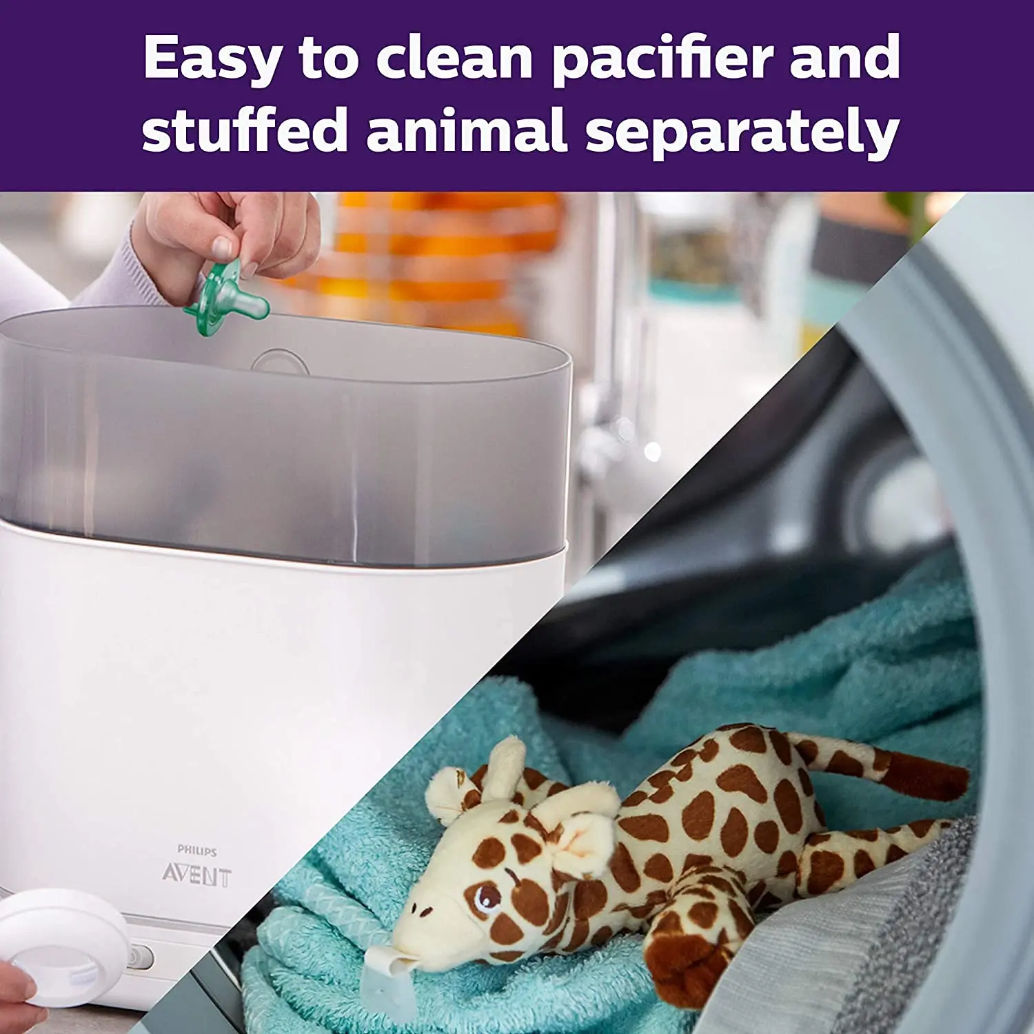 The AVENT Philips Soothie Snuggle features a detachable Soothie pacifier attached to a plush koala, making it easy for babies to find and hold onto their pacifier.