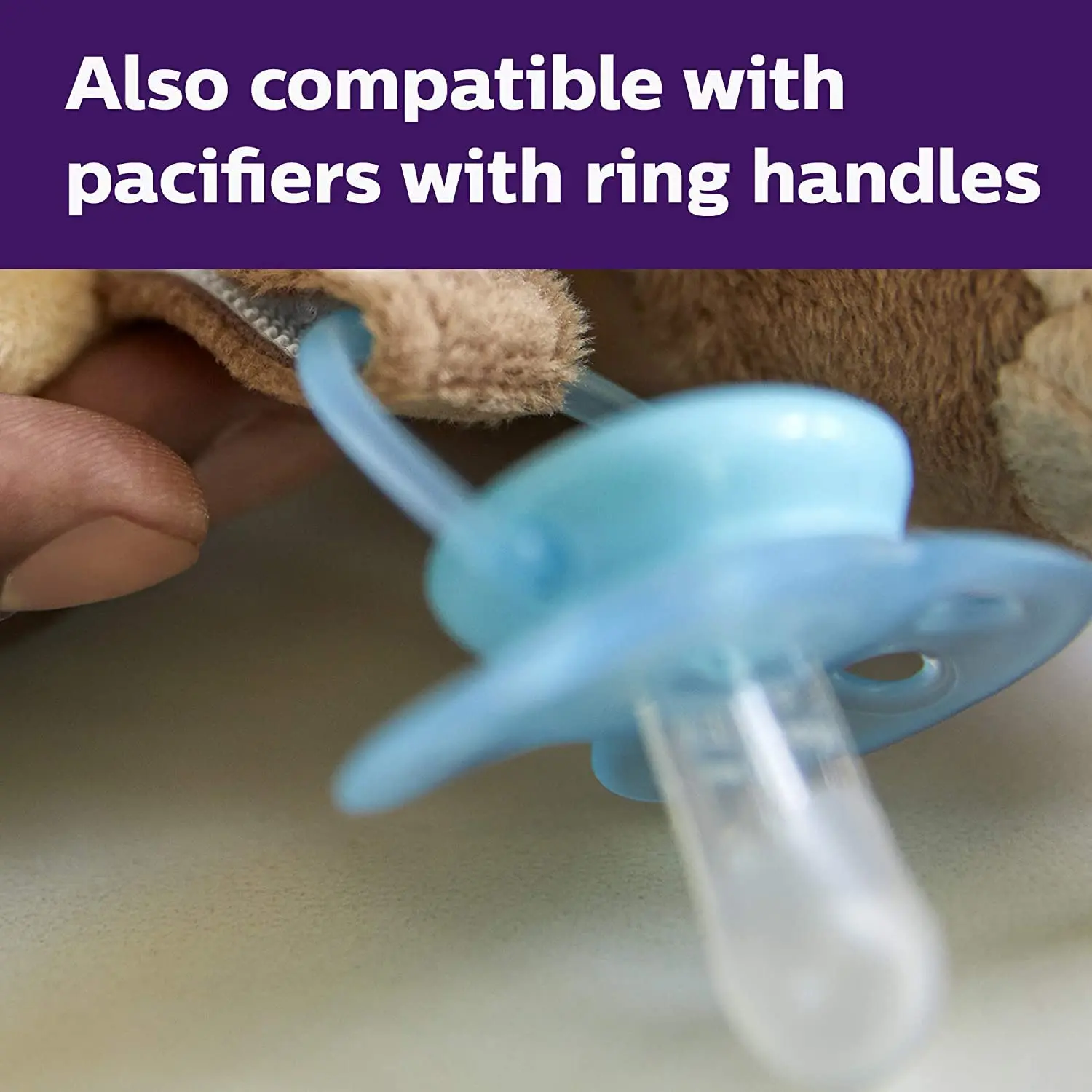 The AVENT Philips Soothie Snuggle features a detachable Soothie pacifier attached to a plush koala, making it easy for babies to find and hold onto their pacifier.