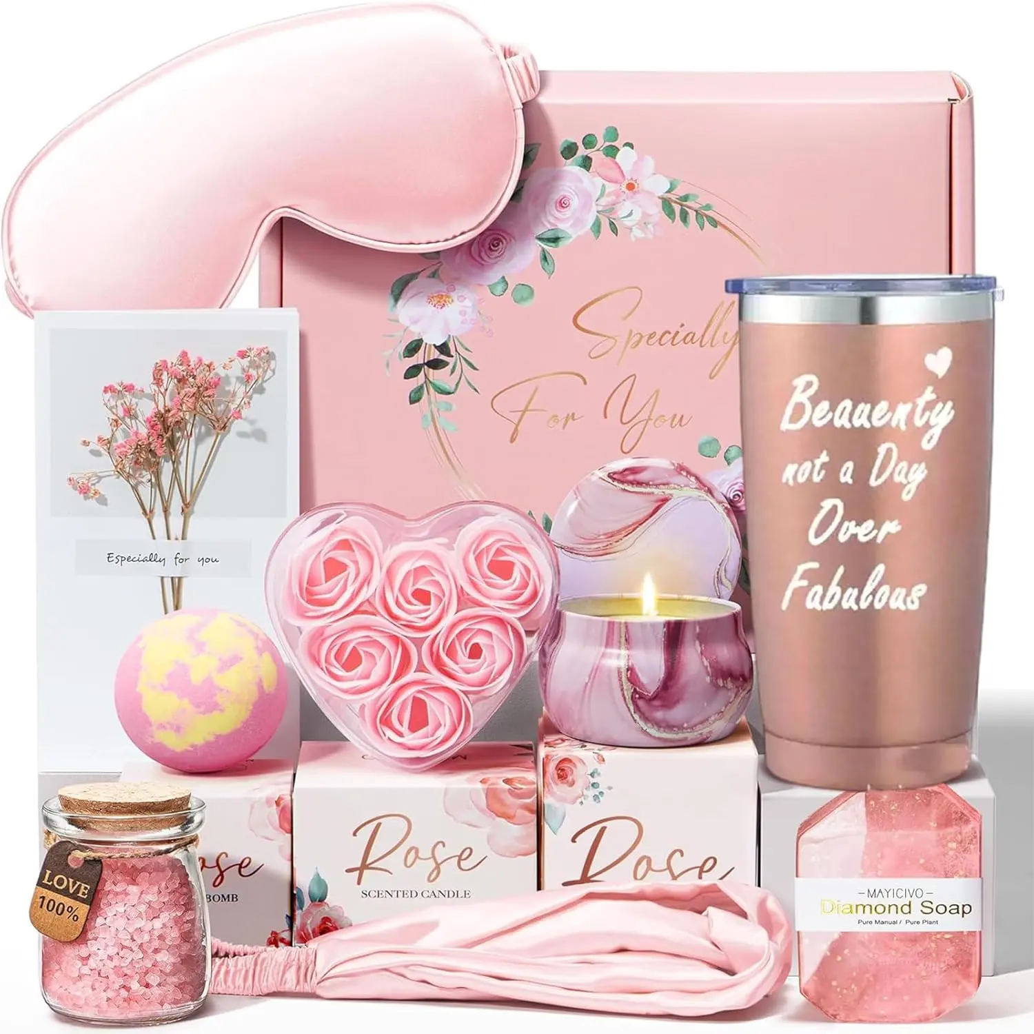 This relaxing spa gift set for women includes a tumbler, rose candle, bath bomb, and other self-care items, perfect for a birthday or special occasion.
