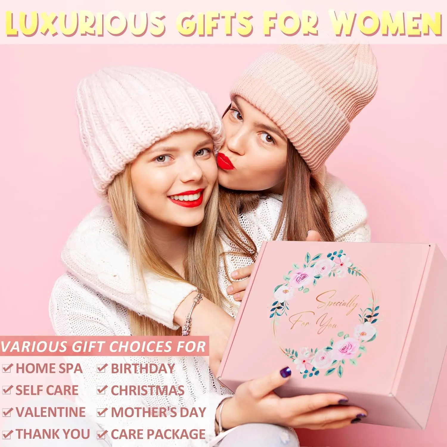 This relaxing spa gift set for women includes a tumbler, rose candle, bath bomb, and other self-care items, perfect for a birthday or special occasion.