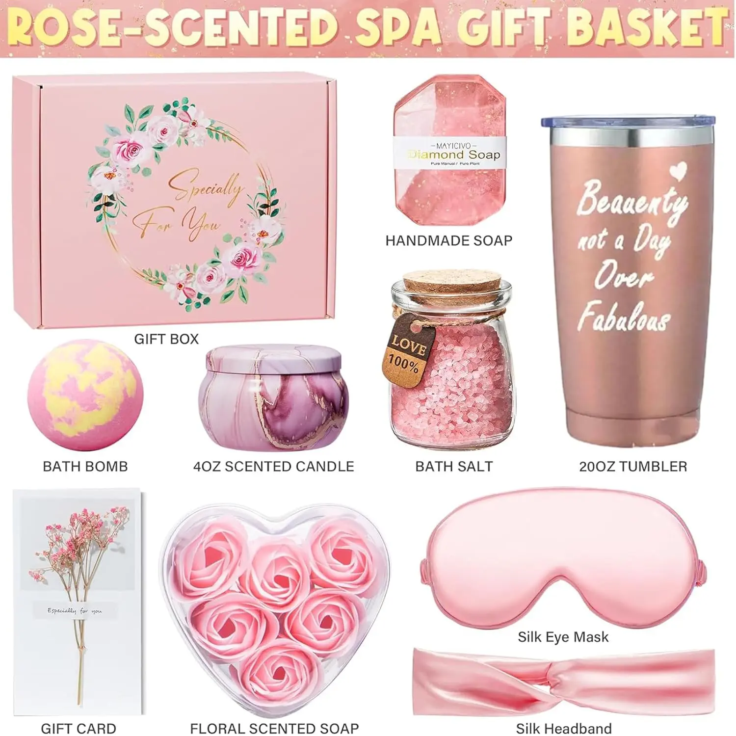 This relaxing spa gift set for women includes a tumbler, rose candle, bath bomb, and other self-care items, perfect for a birthday or special occasion.