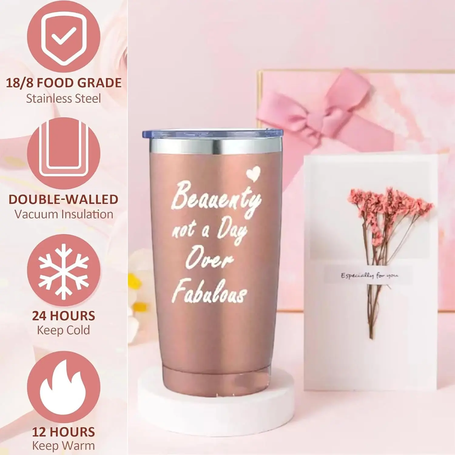 This relaxing spa gift set for women includes a tumbler, rose candle, bath bomb, and other self-care items, perfect for a birthday or special occasion.