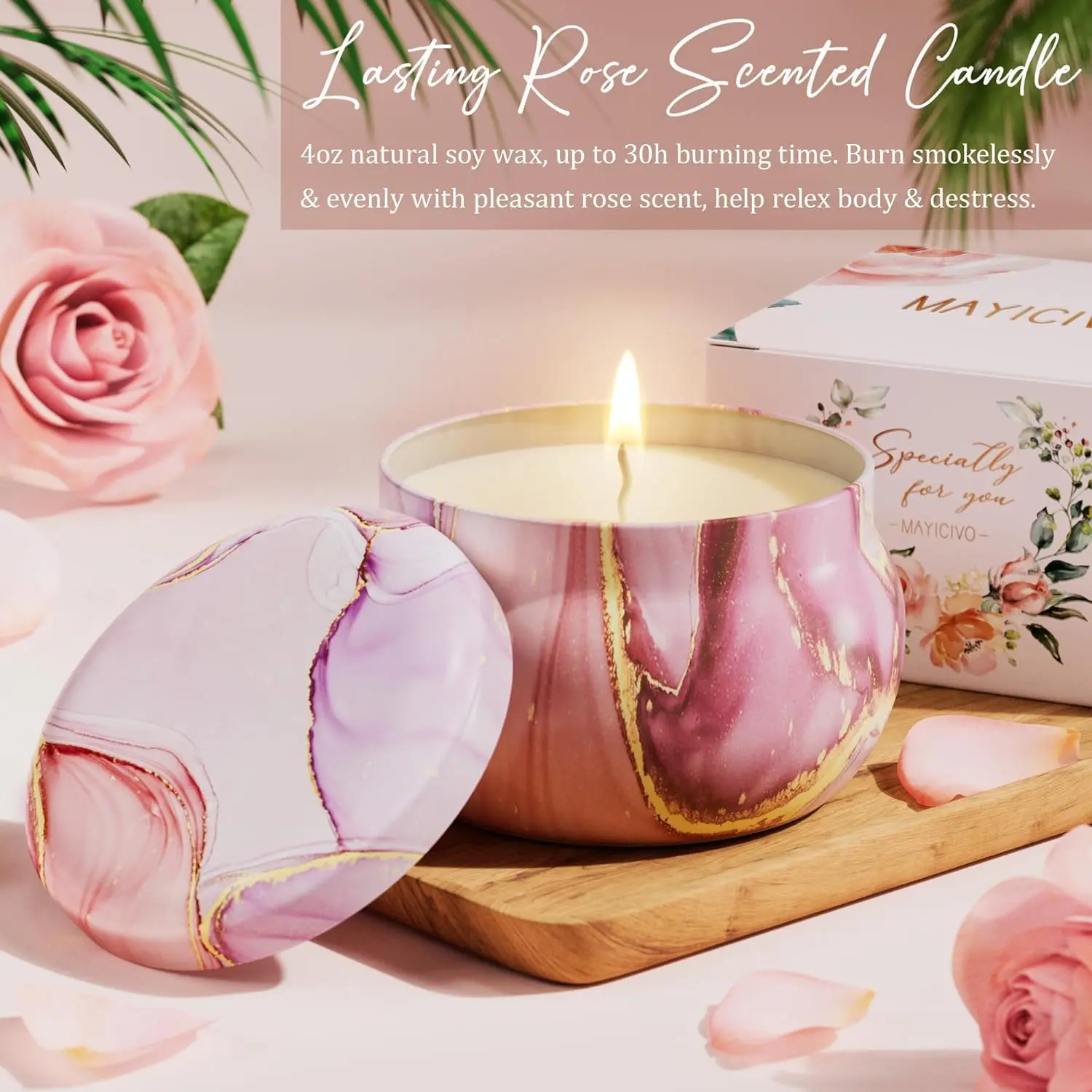 This relaxing spa gift set for women includes a tumbler, rose candle, bath bomb, and other self-care items, perfect for a birthday or special occasion.