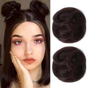 Two pink REECHO space bun hair pieces with mini claw clips offer a quick and easy updo for women and girls seeking a charming and versatile wig accessory for daily wear or special occasions.