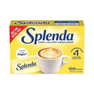 Box of one hundred Splenda no calorie sweetener packets, a sugar alternative.