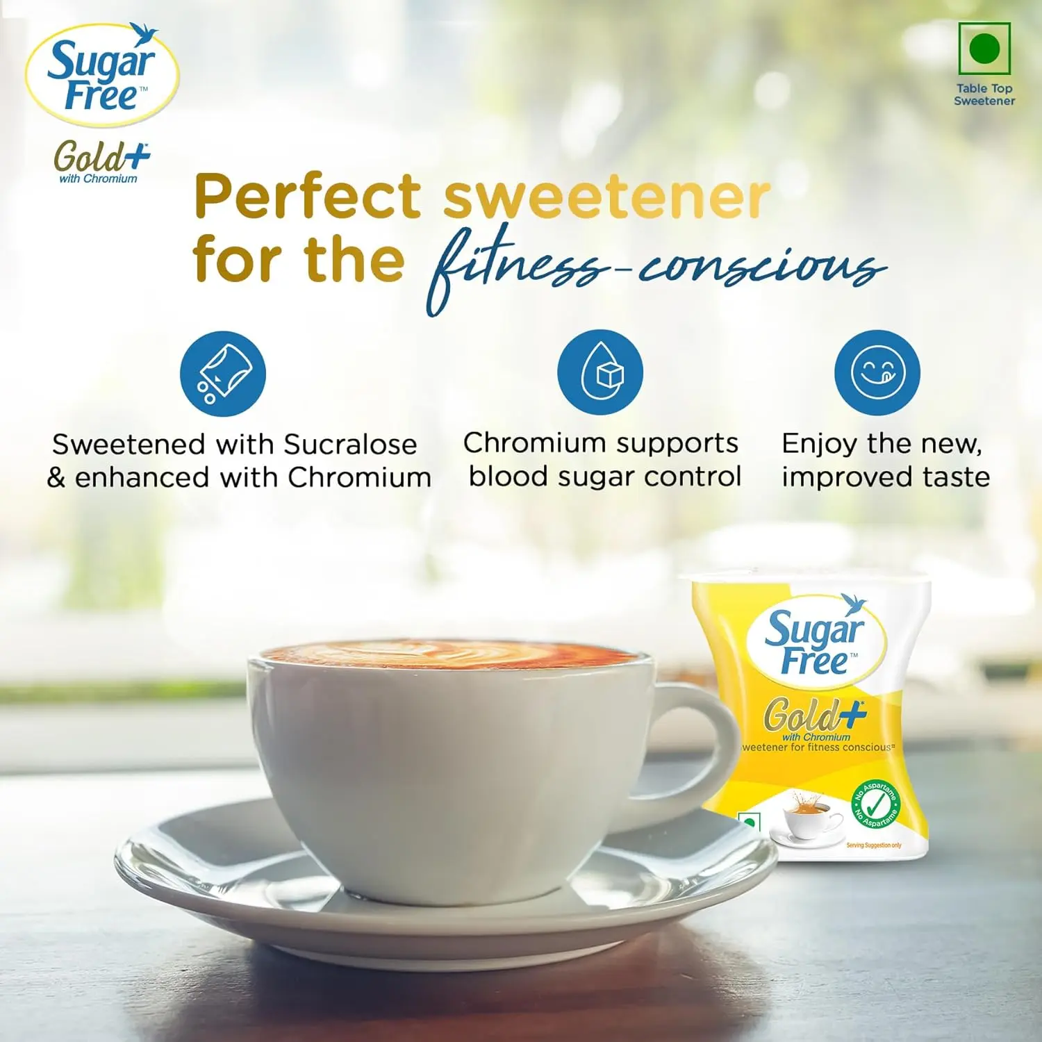Sugar Free Gold low calorie sweetener pellets, a healthy sugar alternative for tea, coffee and other beverages, helps reduce daily calorie intake.