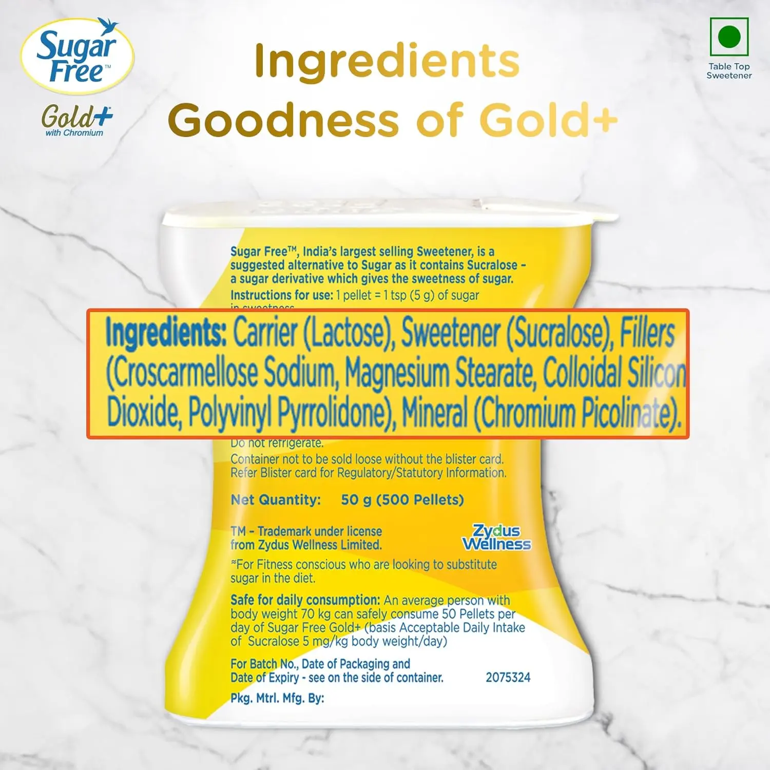 Sugar Free Gold low calorie sweetener pellets, a healthy sugar alternative for tea, coffee and other beverages, helps reduce daily calorie intake.