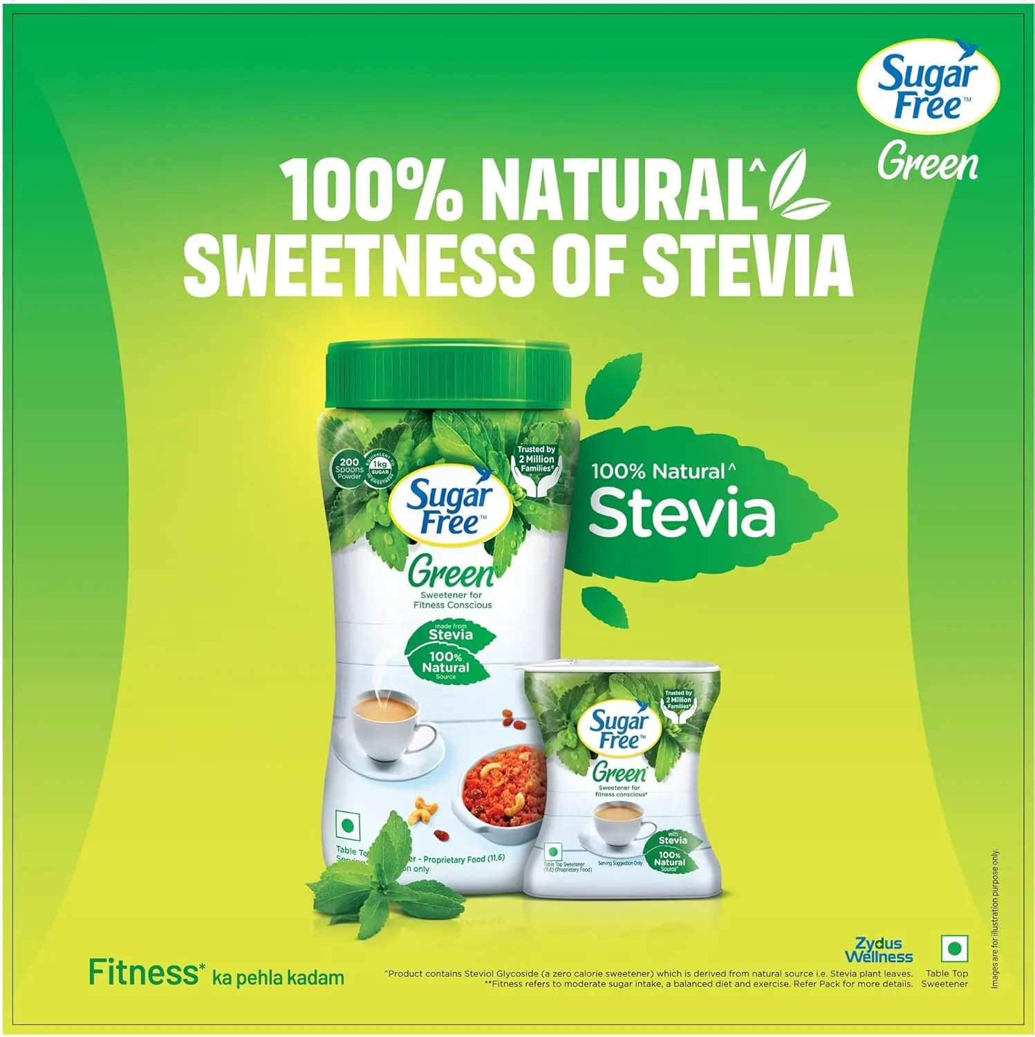 Sugar Free Green Stevia sweetener, made from 100% natural Stevia leaves, provides a zero-calorie, plant-based alternative to sugar for health-conscious individuals and those managing their sugar levels.