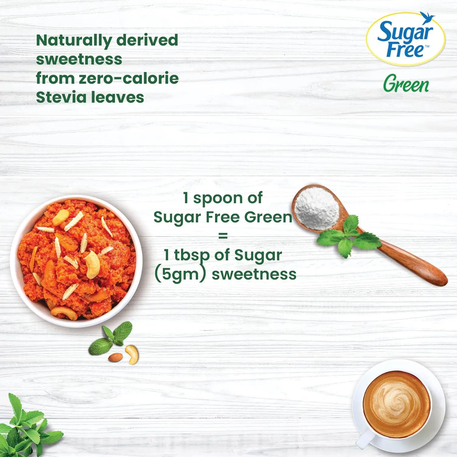 Sugar Free Green Stevia sweetener, made from 100% natural Stevia leaves, provides a zero-calorie, plant-based alternative to sugar for health-conscious individuals and those managing their sugar levels.