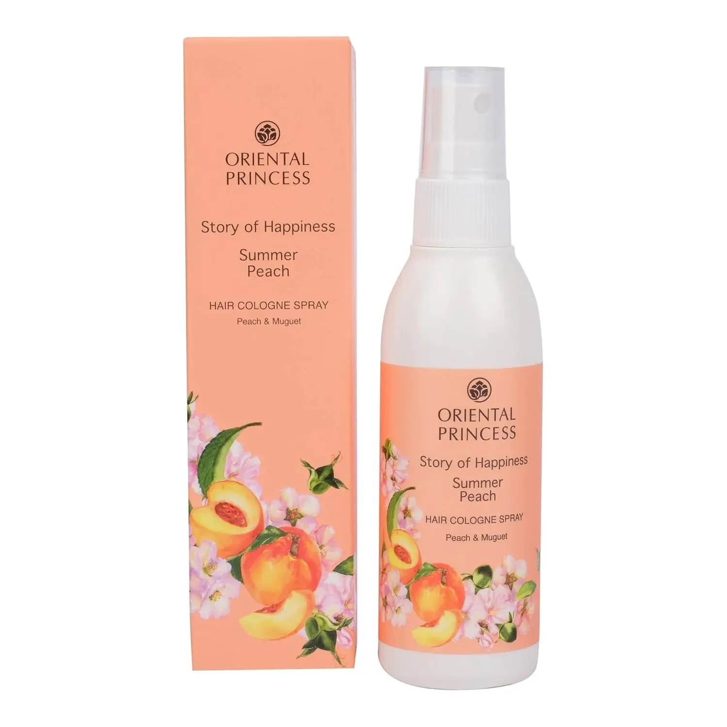 A 100ml bottle of Oriental Princess Summer Peach hair cologne spray, offering a refreshing and sweet fruity fragrance perfect for warm weather hair refreshment.