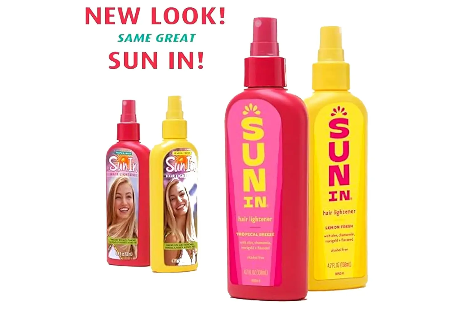 Three bottles of Sun In Original Spray-In Hair Lightener in Tropical Breeze scent gradually lightens hair for a natural, sun-kissed look.