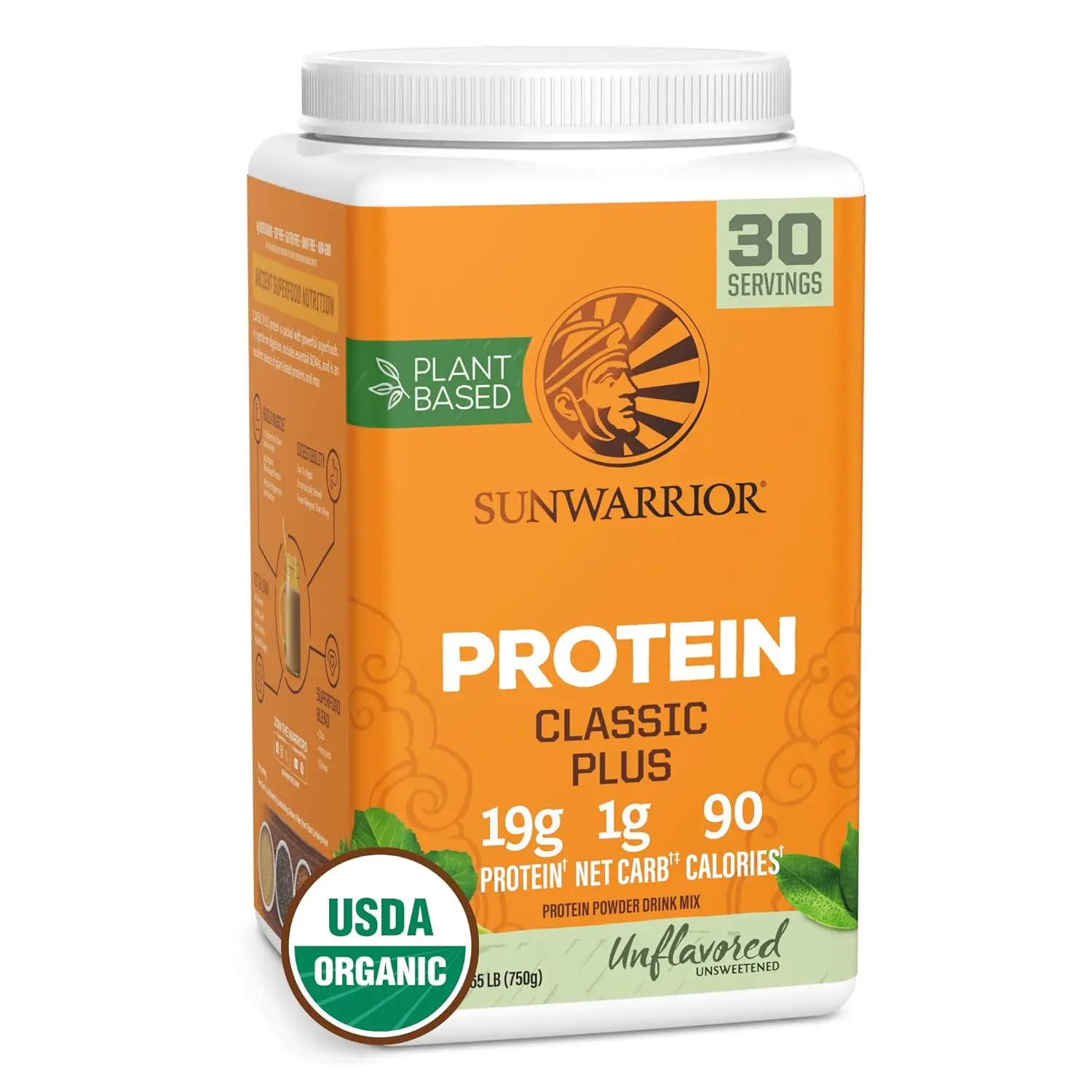 Sunwarrior Classic Plus natural flavored vegan protein powder made with peas and brown rice, a raw organic plant based protein.