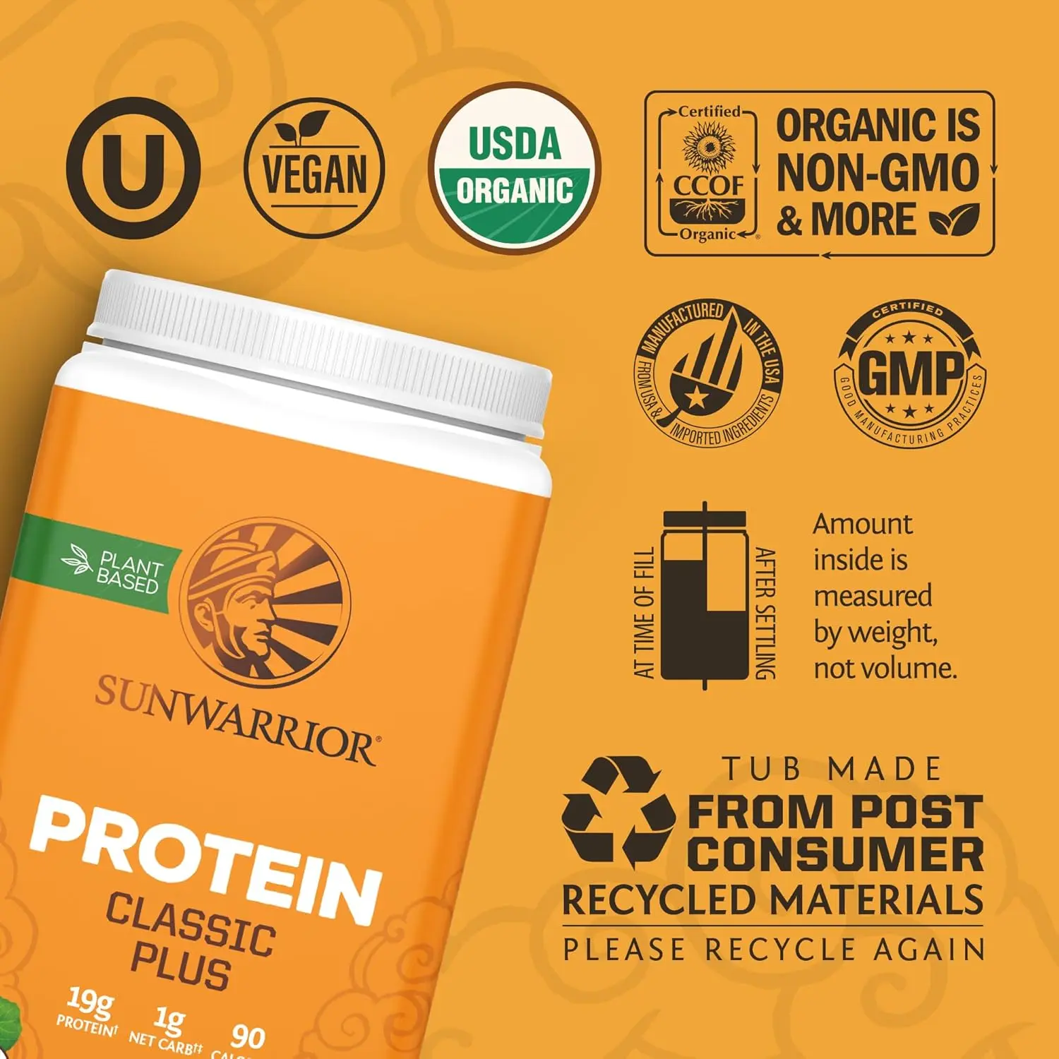 Sunwarrior Classic Plus natural flavored vegan protein powder made with peas and brown rice, a raw organic plant based protein.