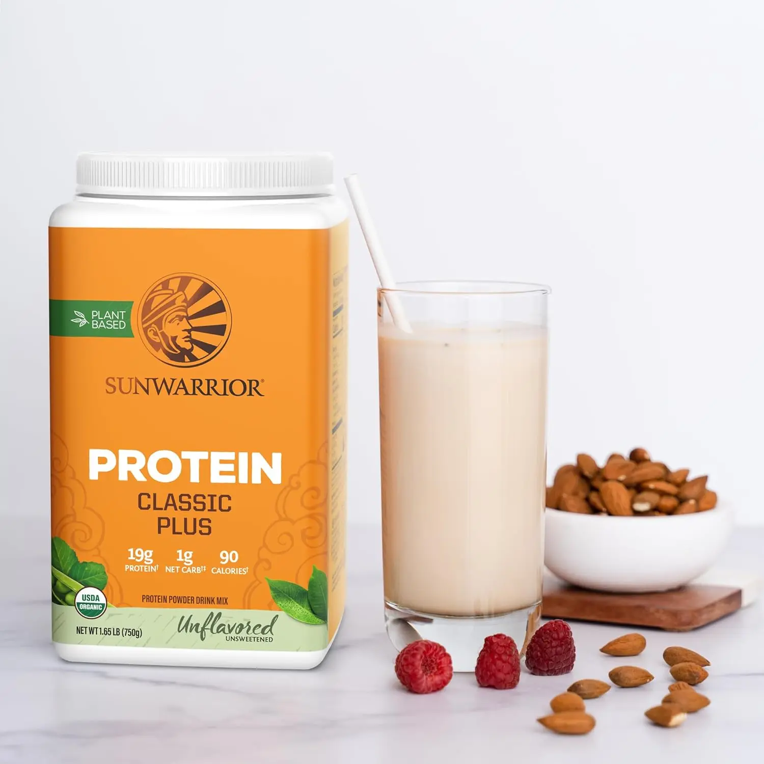 Sunwarrior Classic Plus natural flavored vegan protein powder made with peas and brown rice, a raw organic plant based protein.