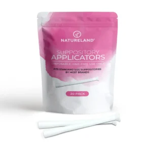 This image displays Natureland suppository applicators for women, individually wrapped for convenient and hygienic use in inserting pills and tablets to help restore internal balance and promote intimate health.