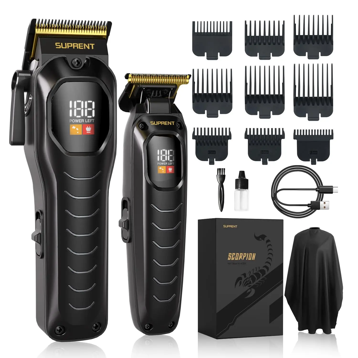 This professional SUPRENT hair clipper kit includes a cordless hair trimmer with a heavy-duty motor, self-sharpening blades, multiple attachment combs, LED display, and zero-gapped design for fades and beard shaping.