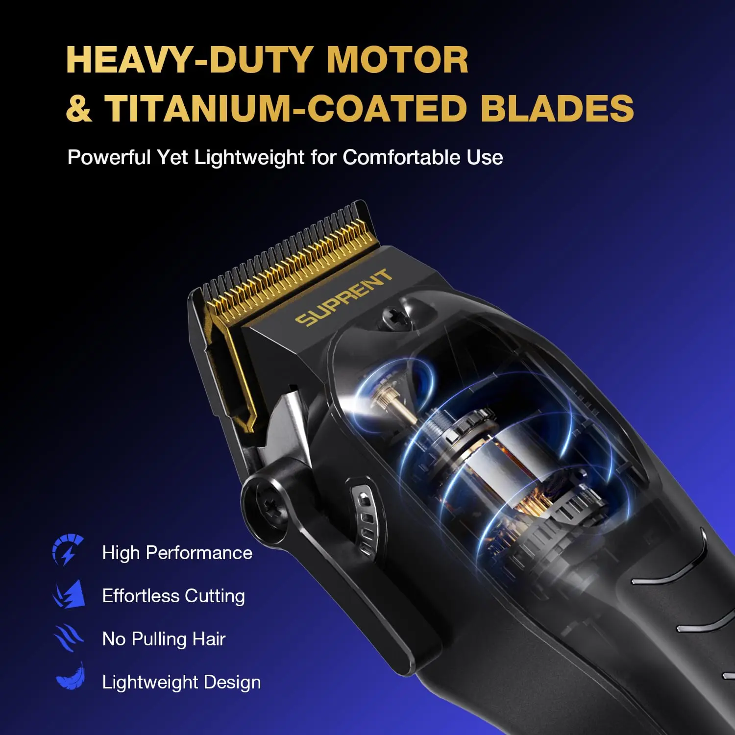 This professional SUPRENT hair clipper kit includes a cordless hair trimmer with a heavy-duty motor, self-sharpening blades, multiple attachment combs, LED display, and zero-gapped design for fades and beard shaping.