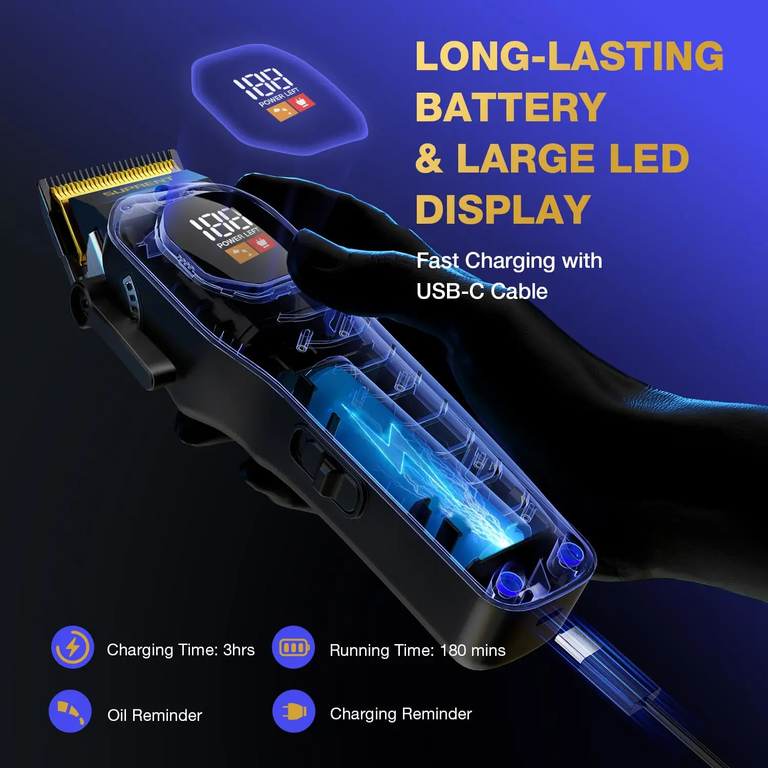 This professional SUPRENT hair clipper kit includes a cordless hair trimmer with a heavy-duty motor, self-sharpening blades, multiple attachment combs, LED display, and zero-gapped design for fades and beard shaping.