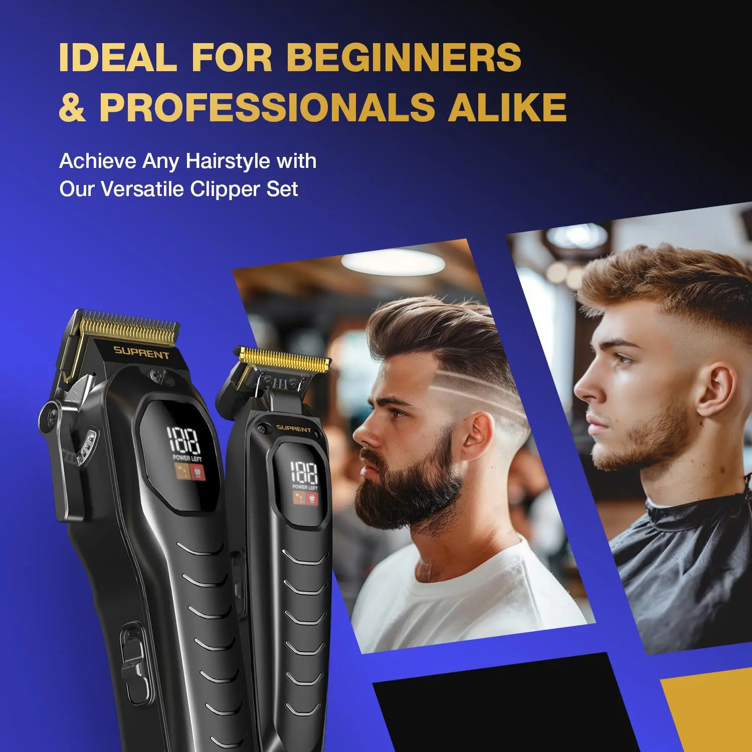 This professional SUPRENT hair clipper kit includes a cordless hair trimmer with a heavy-duty motor, self-sharpening blades, multiple attachment combs, LED display, and zero-gapped design for fades and beard shaping.
