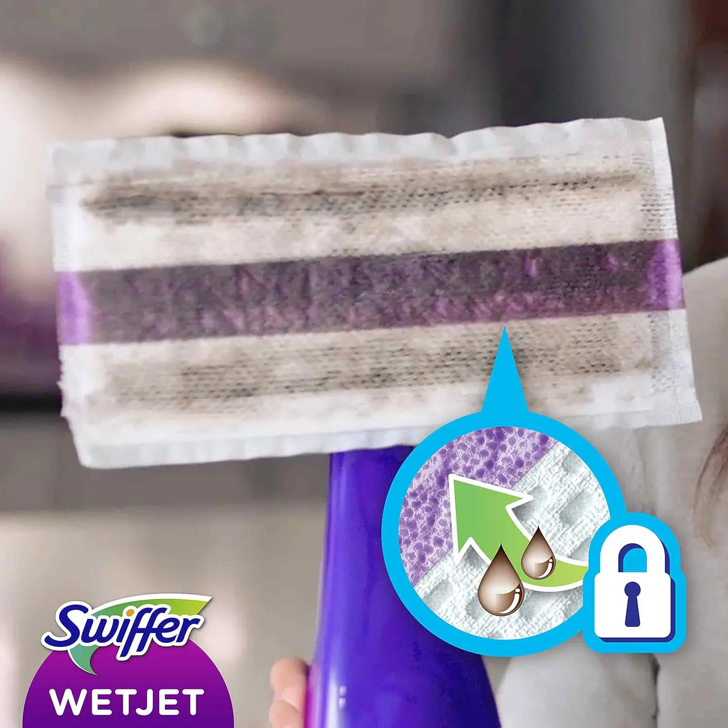 This is a bottle of Swiffer WetJet Multi-Purpose floor cleaner refill, designed to trap dirt and safely clean all floor types with an Open Window Fresh scent.