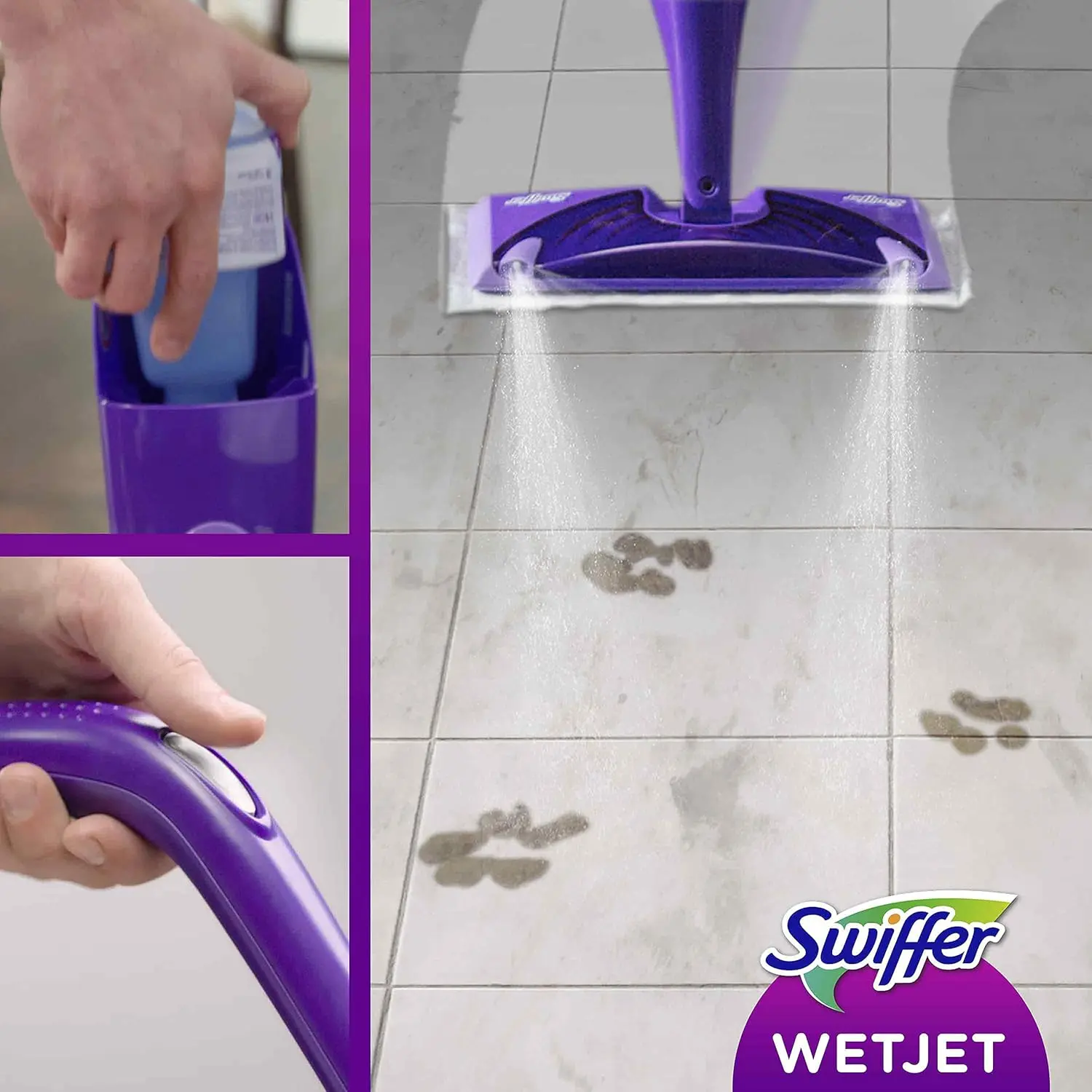 This is a bottle of Swiffer WetJet Multi-Purpose floor cleaner refill, designed to trap dirt and safely clean all floor types with an Open Window Fresh scent.