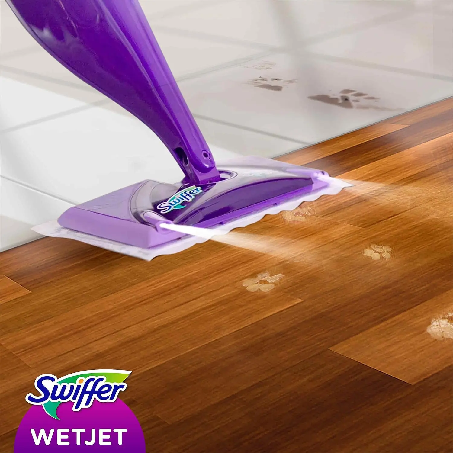 This is a bottle of Swiffer WetJet Multi-Purpose floor cleaner refill, designed to trap dirt and safely clean all floor types with an Open Window Fresh scent.