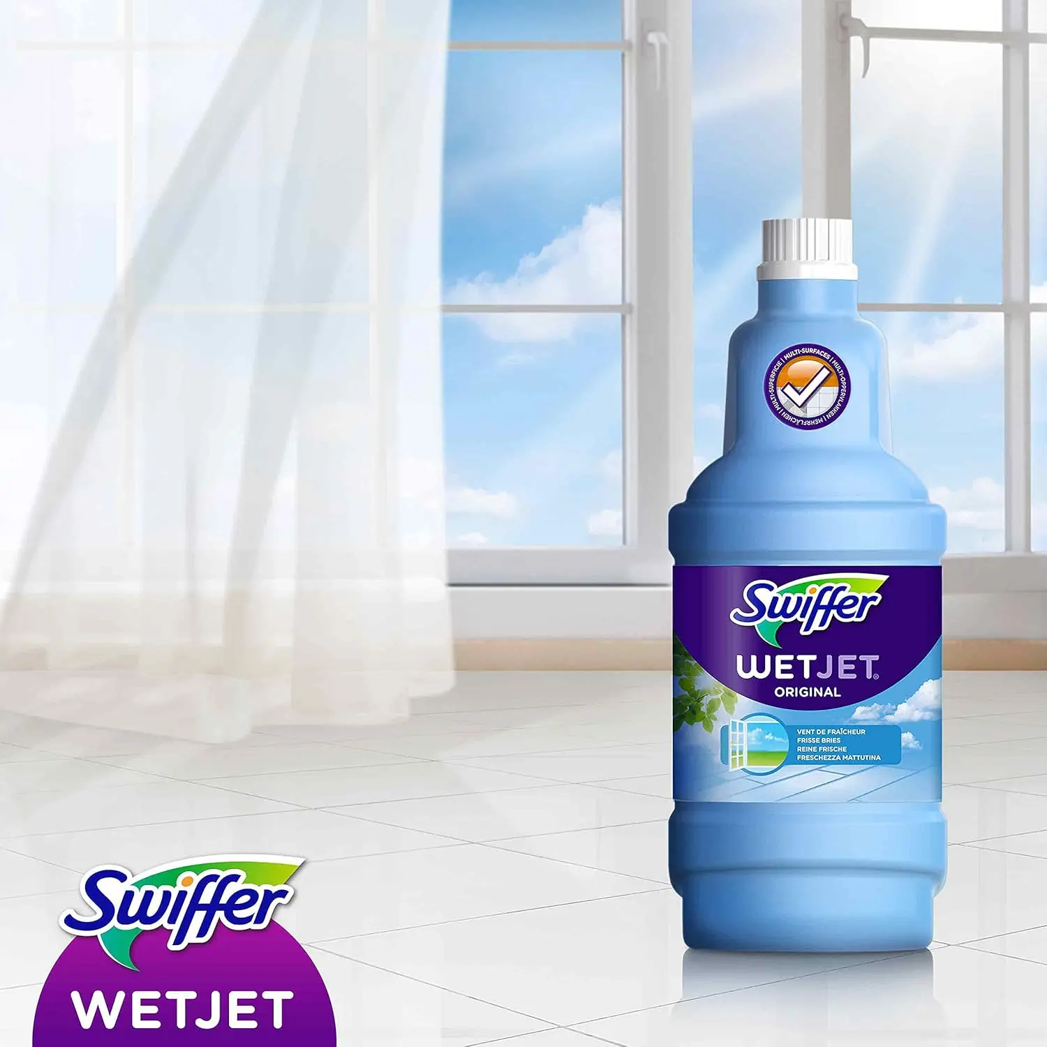 This is a bottle of Swiffer WetJet Multi-Purpose floor cleaner refill, designed to trap dirt and safely clean all floor types with an Open Window Fresh scent.
