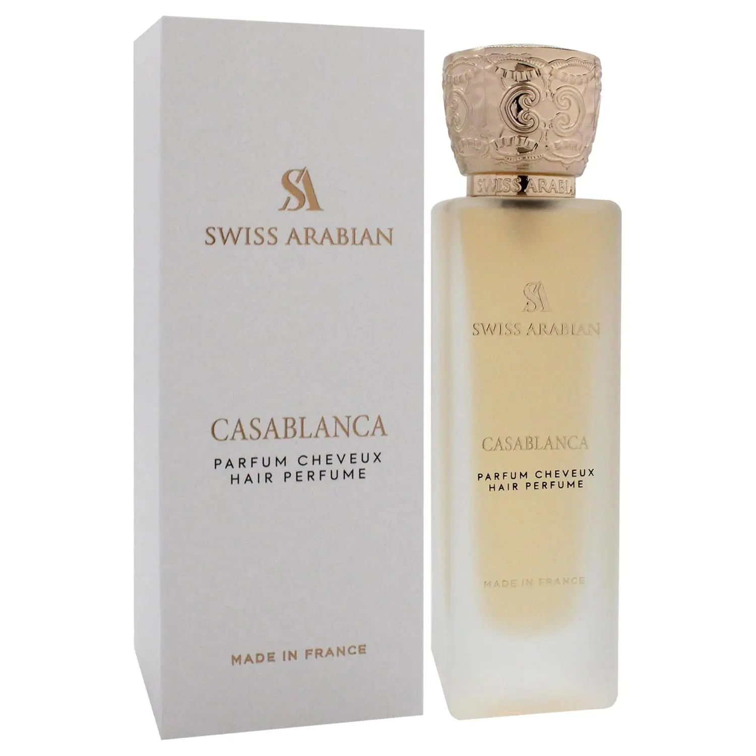Swiss Arabian Casablanca hair mist with a fruity, woody, amber fragrance featuring notes of apple, grapes, patchouli, and vanilla.