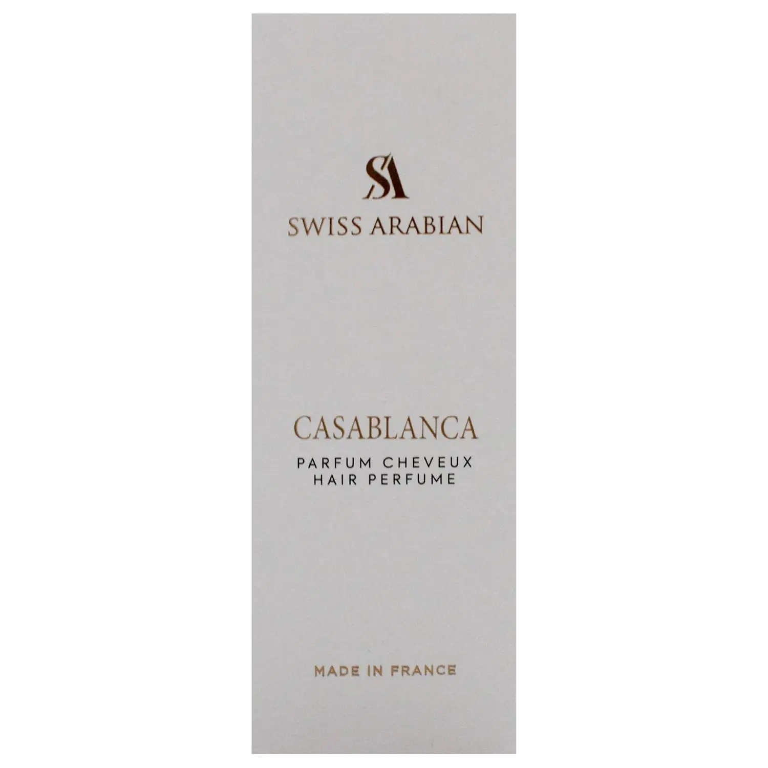 Swiss Arabian Casablanca hair mist with a fruity, woody, amber fragrance featuring notes of apple, grapes, patchouli, and vanilla.