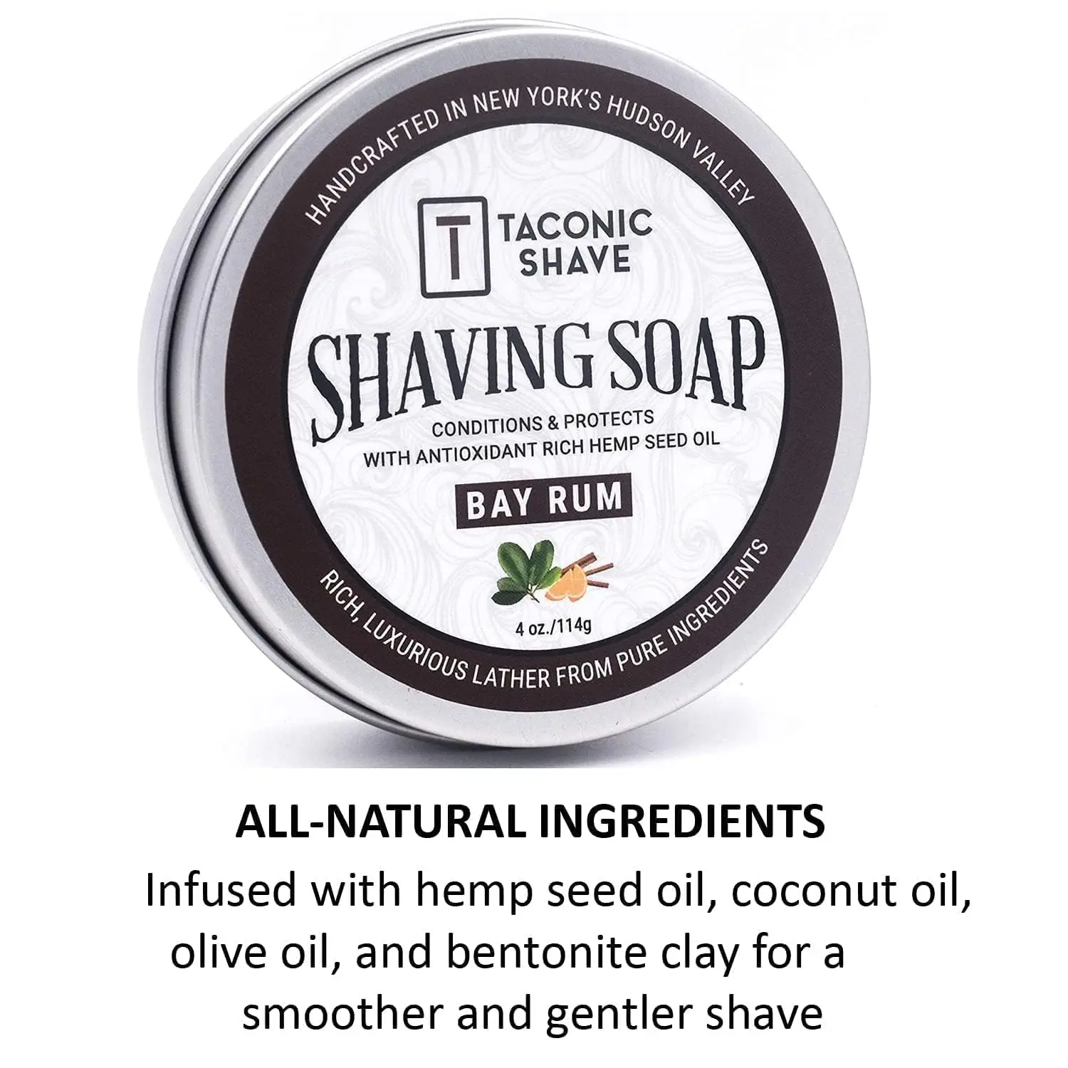 Taconic Shave Bay Rum shaving soap puck with warm, spiced aroma provides a thick and slick lather for a classic wet shave experience.
