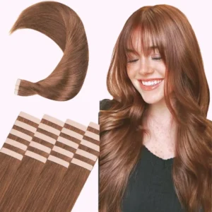 22 inch chocolate light brown tape in hair extensions made from Vietnamese single donor Remy human hair, adding natural length and volume.