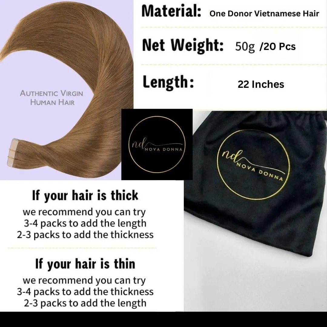 22 inch chocolate light brown tape in hair extensions made from Vietnamese single donor Remy human hair, adding natural length and volume.